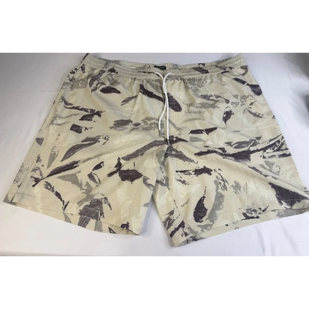 Club Monaco Mens XXL Abstract Print Swim Trunks Cream Grey Drawstring Mesh Liner